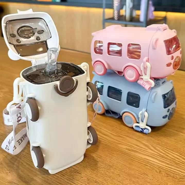 Imported Bus Water Bottle For Kids With Strap Sipper and Straw