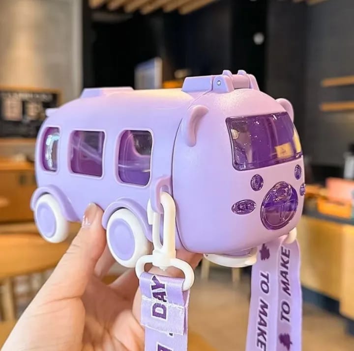 Imported Bus Water Bottle For Kids With Strap Sipper and Straw